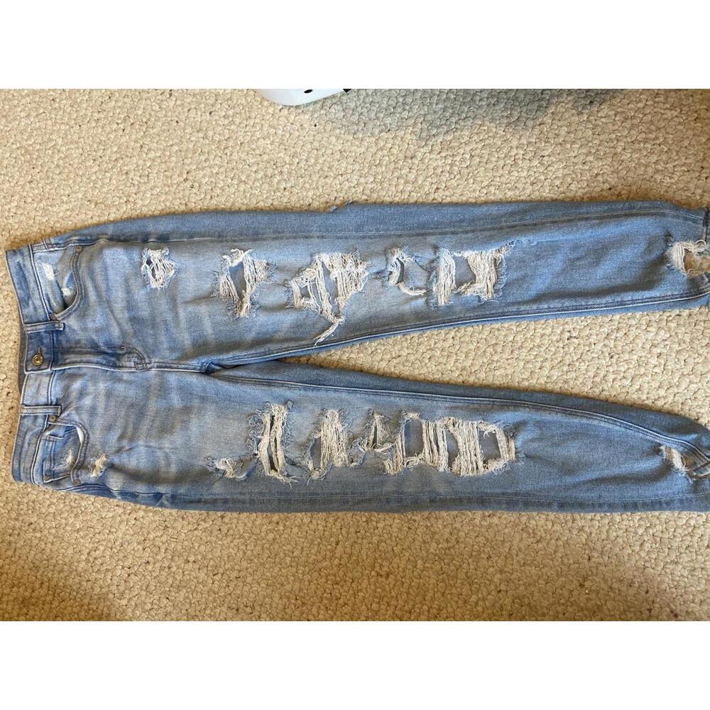American Eagle Women's Mom Jeans - Distressed Blue Denim